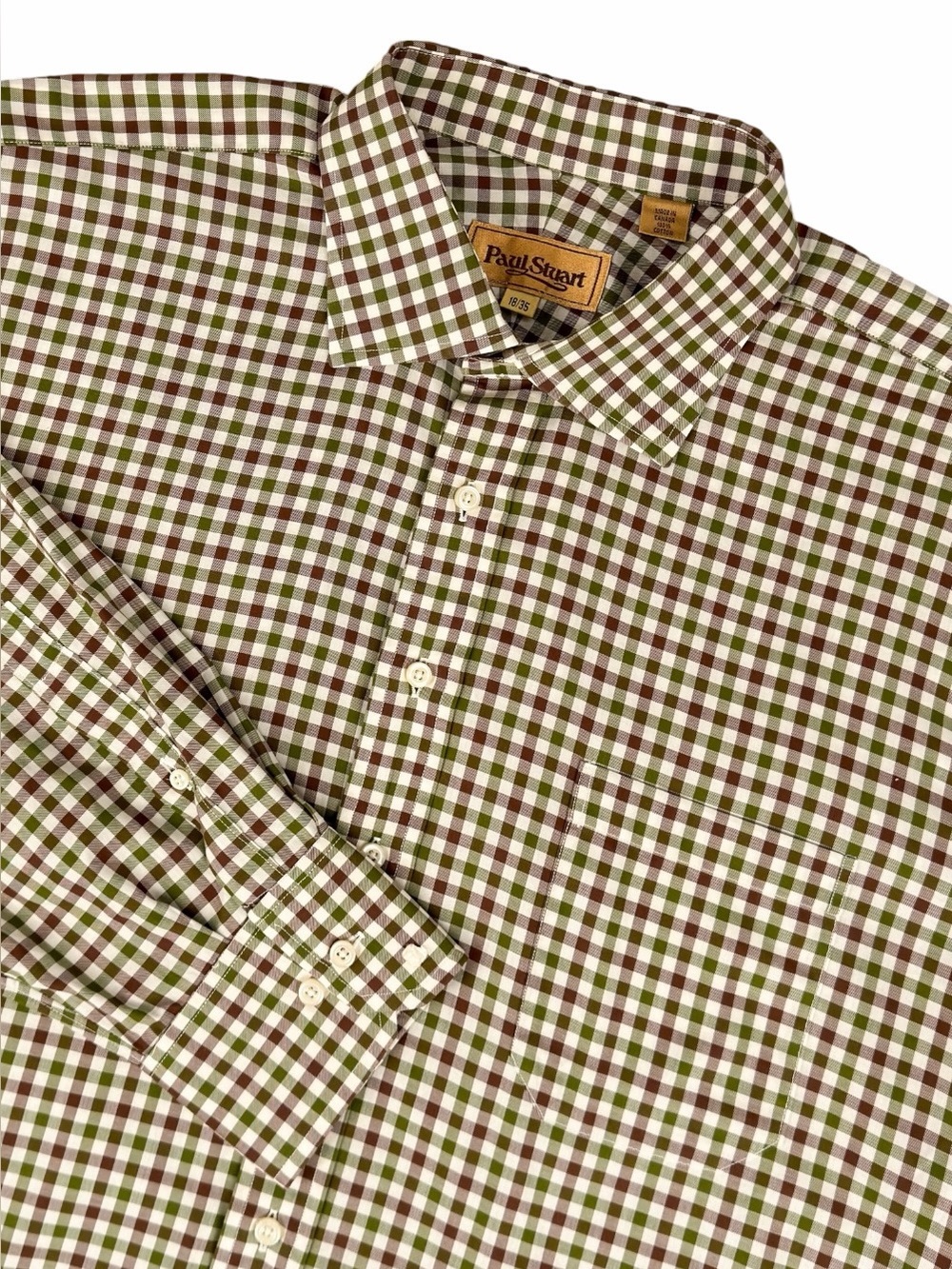 Paul Stuart Men's 18/35 Dress Shirt Brown Green Gingham Check Cotton Made Canada